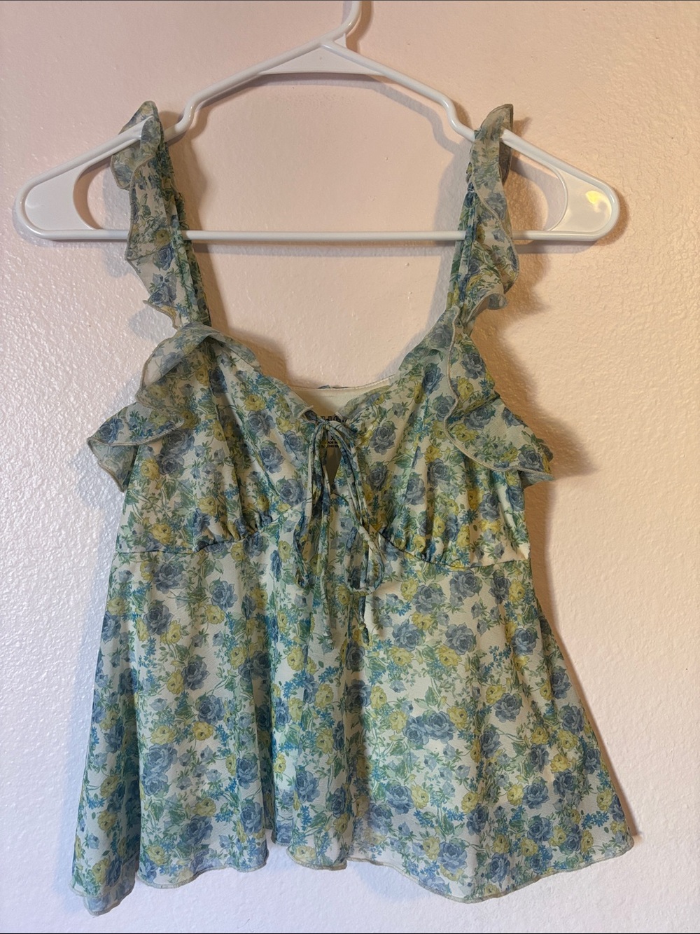 wild fable Blue & Yellow Floral Ruffle Tie-Front Camisole, Size XXS
